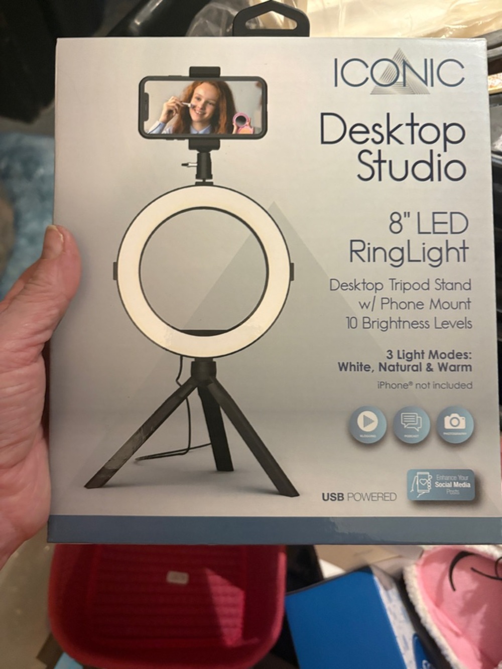 ICONIC 8" LED Ring Light Desktop Studio with Phone Mount - White/Black